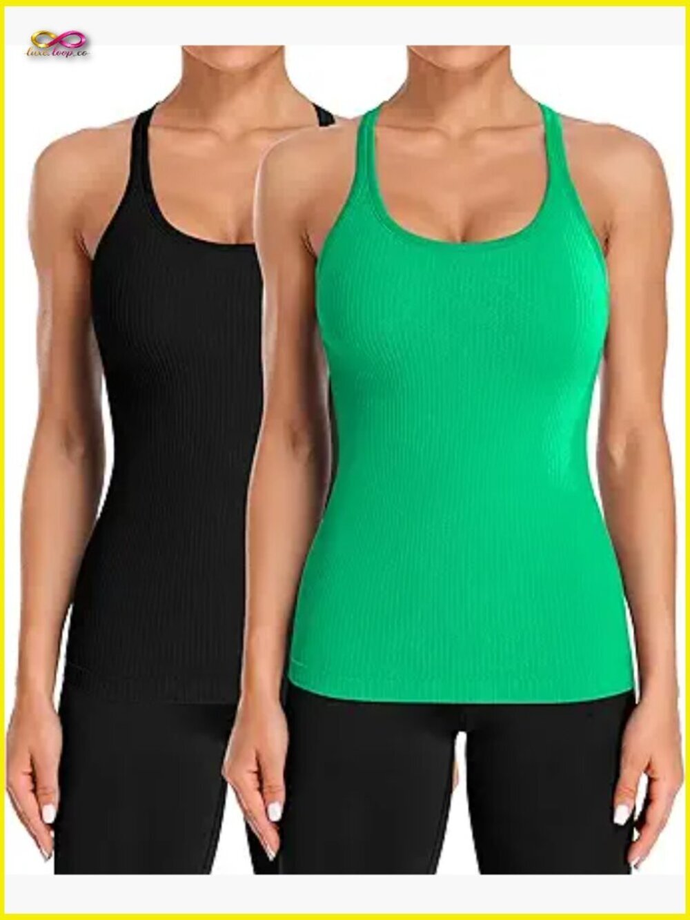 Ribbed Workout Tank Top Built In Bra Seamless Yoga Tank 2 Pack Slim Fit